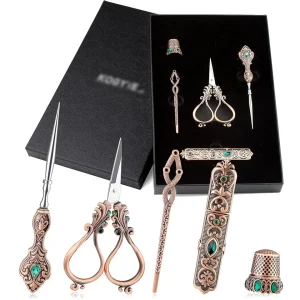 Vintage European Style Sewing Scissors with Needle Case, Metal Floss Bobbin, and Sewing Awl Kits for Embroidery
